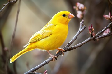 A bright yellow canary perched delicately on a branch, with its feathers shining in the light