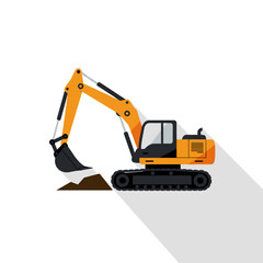 Excavator digging soil in a flat design style  