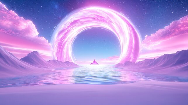 Futuristic Celestial Landscape with swirling cosmic patterns, a majestic galactic temple emerging from starlit ocean waves under a vast blue backdrop.