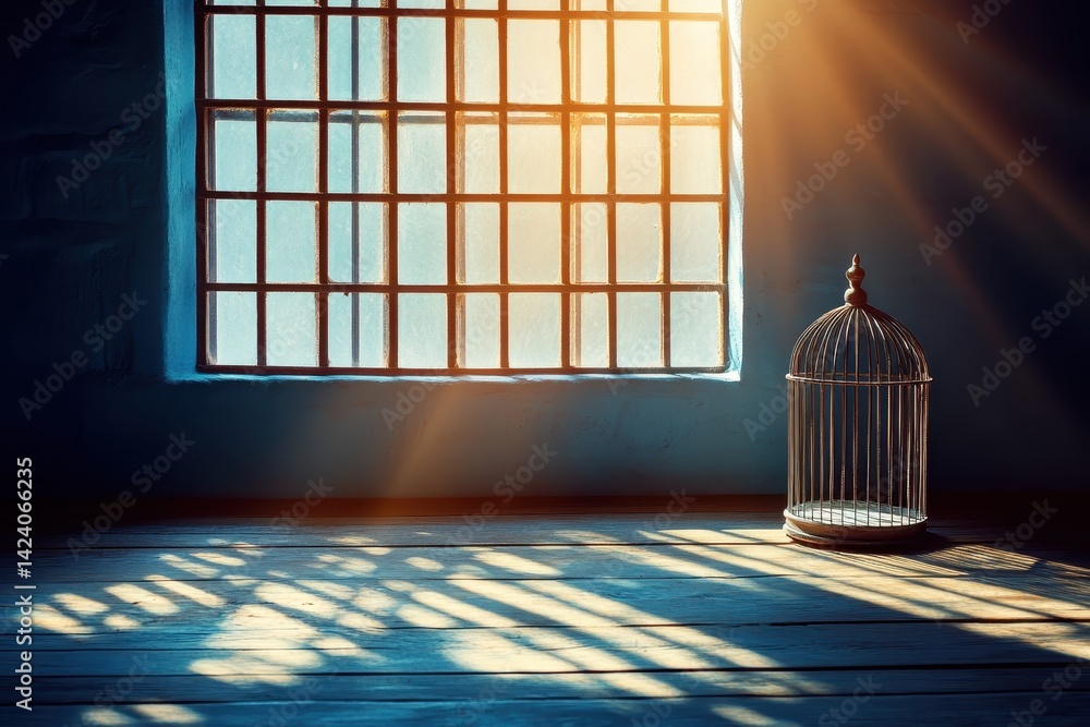 Poster light streaming through window with empty birdcage on floor