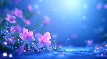 Futuristic Celestial Garden, an expansive blue backdrop with swirling cosmic patterns, vibrant glowing flowers, and a dreamlike atmosphere inviting exploration and wonder.