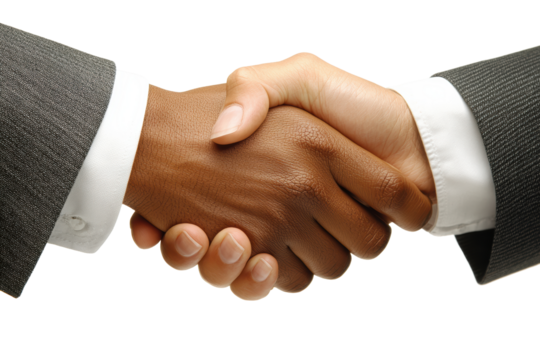 Two hands shaking, symbolizing agreement or partnership, isolated on a white background.