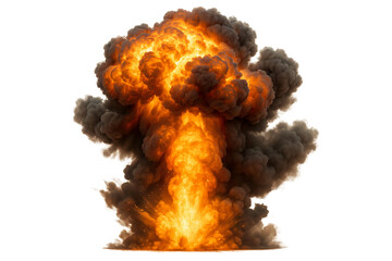 Fiery explosion with dark smoke and blast isolated on transparent background