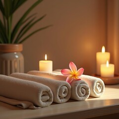 spa scene with rolled white towels, lit candles, fresh plumeria flowers and a wooden bowl of water warm ambient light cozy and calm atmosphere soft shadows no logos no text
