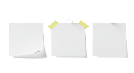 Three blank white sticky notes against a stark white backdrop ready for text