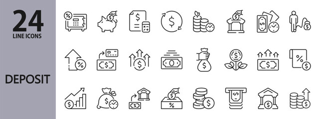 Deposit line icons set with Banking, Investment, Cash, Money, Credit, Safe, Payment and more. Editable Stroke