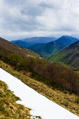 Panorama of the Esbintz stream valley (Haut-Salat) in spring from the Col de la Core, in the...