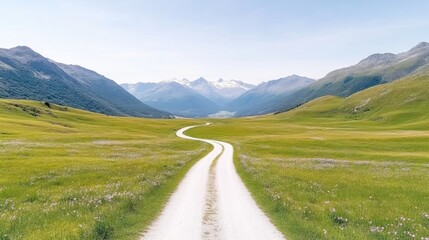 Winding Road Mountain Valley Landscape Bright Natural Lighting Long shot Gentle curves, grassy verges Journey ahead Majestic alpine background Serene green tones Travel brochure imagery