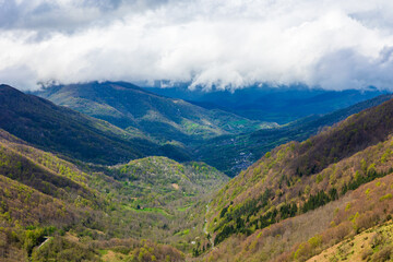 Panorama of the Bethmale valley in spring from the Col de la Core, in the Couserans region of...