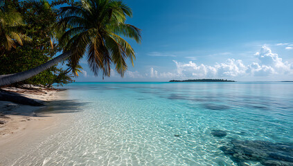 Fototapeta premium Tropical Beach with Clear Blue Water and Palm Trees