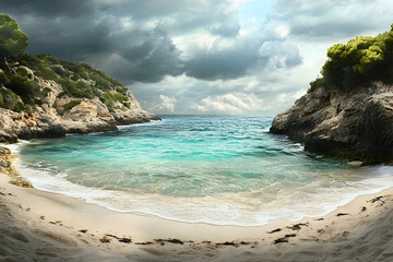 Fototapeta premium Picturesque cove, serene turquoise water, dramatic clouds.