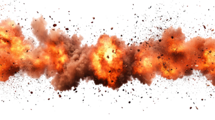  fiery explosion busting on white background. cloudy dust of explosion. 