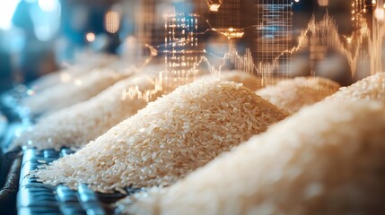 A conceptual image of rice in a market setting, with floating graphs representing market dynamics
