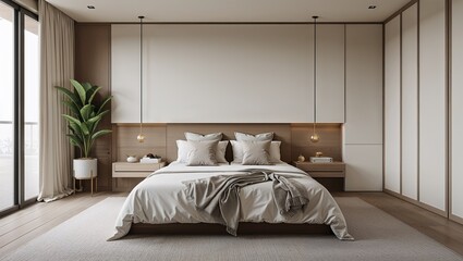 The minimalist design creates a peaceful bedroom free from distractions
