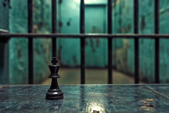 Black chess king piece on table in a prison cell environment