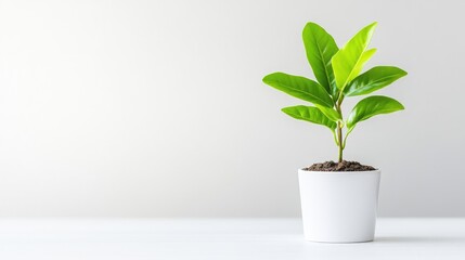 Obraz premium A small green plant growing in a white pot on a clean white surface, minimalist indoor setting with neutral background, and concept of growth and simplicity.
