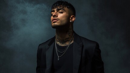 Young, tattooed musician is posing in a studio, wearing a black shirt and jacket with silver chains