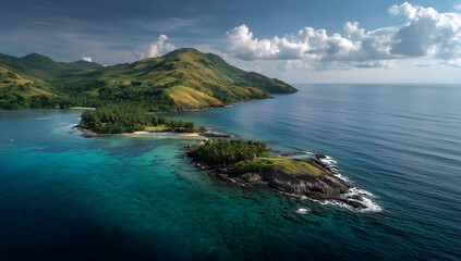 Aerial View of a Tropical Island with Lush Hills and Clear Turquoise Waters