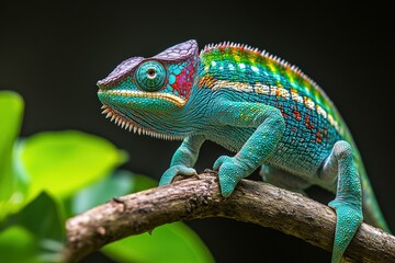 Obraz premium A colorful chameleon perched on a branch, its scales shifting from green to blue.