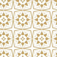 Abstract geometric pattern with crosses, stripes, lines. Seamless vector background. White and gold ornament. Modern reticulated graphic design.