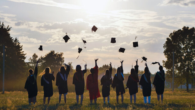 Graduates joyfully tossing caps in the air at sunset, marking the end of their academic journey and the beginning of a new chapter