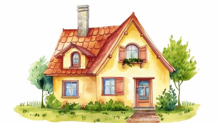 Watercolor painting of a house with trees and a garden