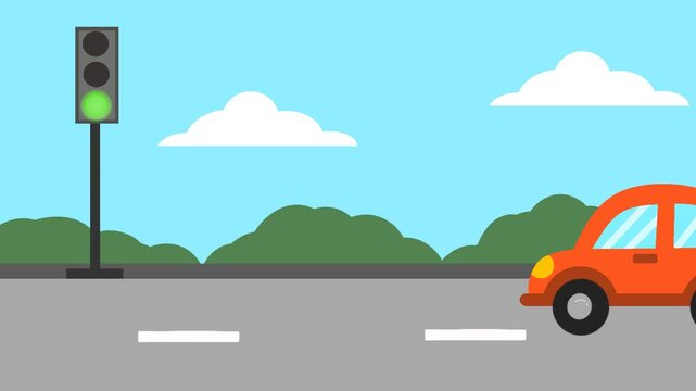 Looping animation of a traffic light controlling a car. The car stops at red, prepares at yellow, and moves on green. Simple educational clip for children about traffic signals.