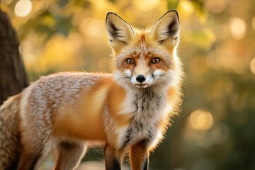Fototapeta premium A curious red fox with a bushy tail, standing gracefully with its fur glistening