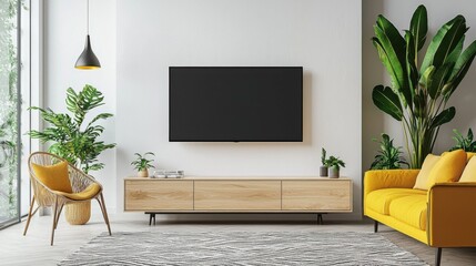 Modern Living Room Interior with Wall-Mounted TV and Stylish Furniture