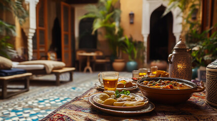 Naklejka premium A iftar scene with tajine and mint tea in a riad courtyard.