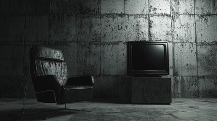 Moody modern living room interior with retro tv and leather chair against a concrete wall enhancing a minimalist and stark atmosphere