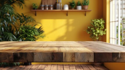 Rustic wooden table against blurred kitchen with yellow wall backdrop