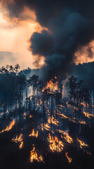 Rain forest fire disaster is burning caused by humans