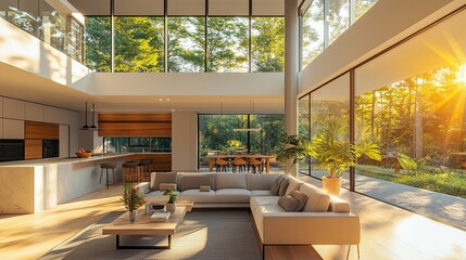 Modern Open-Plan Home Interior with Sunlight Streaming Through Windows  