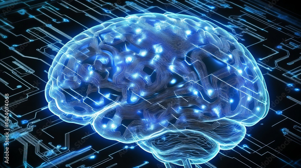 Aufkleber abstract digital brain circuitry network glowing blue neural connections artificial intelligence tec