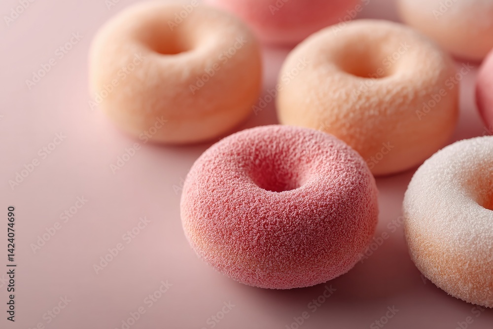 Poster minimalist display of various donut types arranged on clean white surface