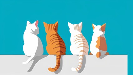 Fototapeta premium Three cats sitting on a flat surface against a blue background