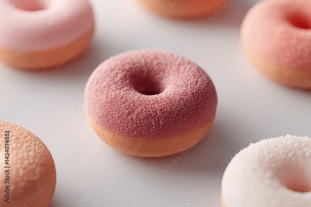 Poster minimalist display of various donut types arranged on clean white surface