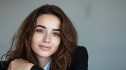 Fototapeta premium A young woman with long brown hair smiles gently, looking directly at the viewer.
