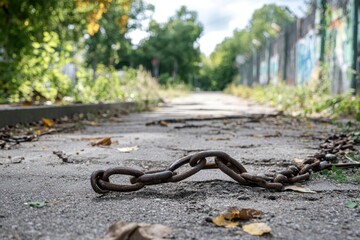Rusty Chain on Abandoned Pathway with Overgrown Vegetation