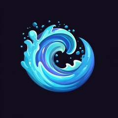 Cartoon-style splashy ocean wave in vibrant blue against dark background.