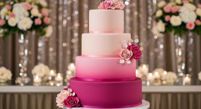 Elegant four tier wedding cake ombre design pink magenta sugar roses