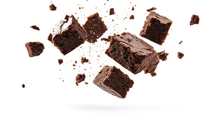 Delicious pieces of chocolate brownies gracefully floating or falling through the air, isolated against a clean white background, capturing a sense of movement and indulgence.