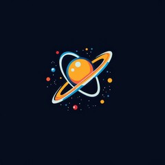 Orange planet with blue rings orbiting in cartoon-style space scene.