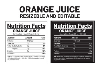 Orange Juice Nutrition Facts Label, Editable and Resizable Food Info Template