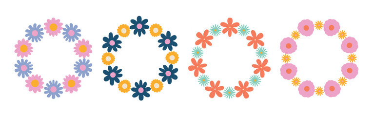 Set of groovy floral circle frames in a simple, minimalist style. Botanical wreaths with bright retro flowers. Vector illustrations perfect for wedding invitations, cards, logos, and decorative design