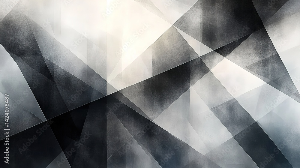 Poster abstract geometric shapes in grayscale. layered triangles and planes create a textured effect, with 