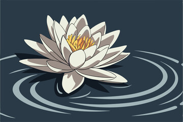White Water Lily in Full Bloom Minimalist Botanical Illustration on Dark Blue with Water Ripples Digital Art
