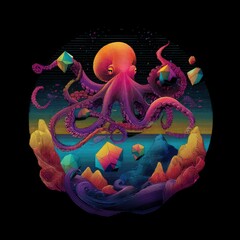 Line art octopus with geometric shapes in vibrant colors, surreal ocean scene. Perfect for t-shirts, posters, album art, and digital backgrounds.