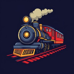 Colorful cartoon-style steam train on tracks with smoke puffs and bold contrast on a dark background.